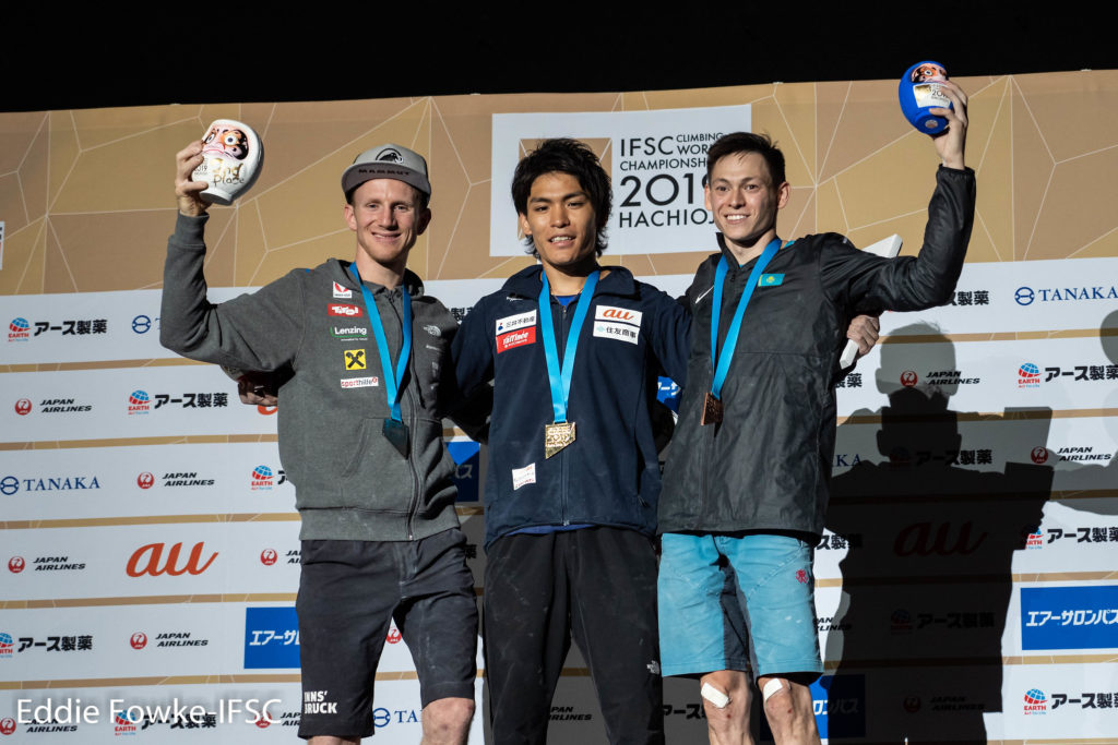 2019 IFSC World Climbing Championship men's medalists on podium