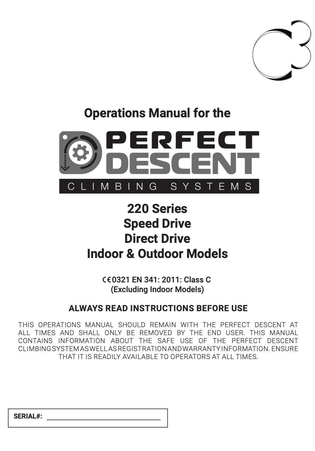 Cover page of the Perfect Descent 220 Series Auto Belay Operations Manual